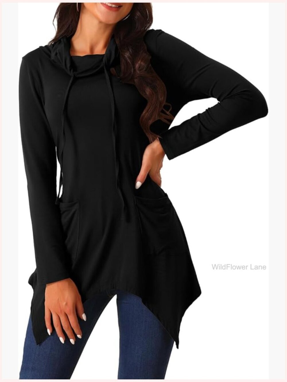 Long Sleeve Cowl Neck Asymmetrical Hem Tunic Top with Pockets